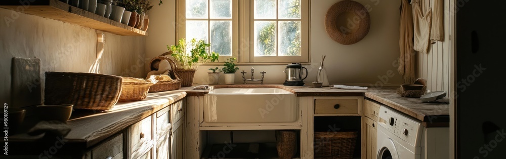 A cozy kitchen bathed in natural light, featuring wooden accents and plants. A cozy kitchen bathed in natural light, featuring wooden accents and plants.