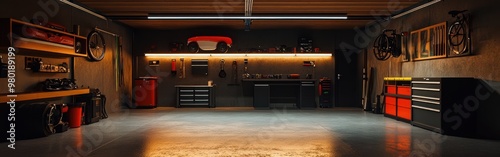 A well-organized garage with tools and bikes, ideal for DIY projects and maintenance. photo