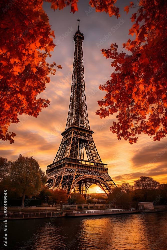 Fototapeta premium Splendid Twilight View of the Eiffel Tower Dominating the Picturesque Parisian Cityscape during Autumn