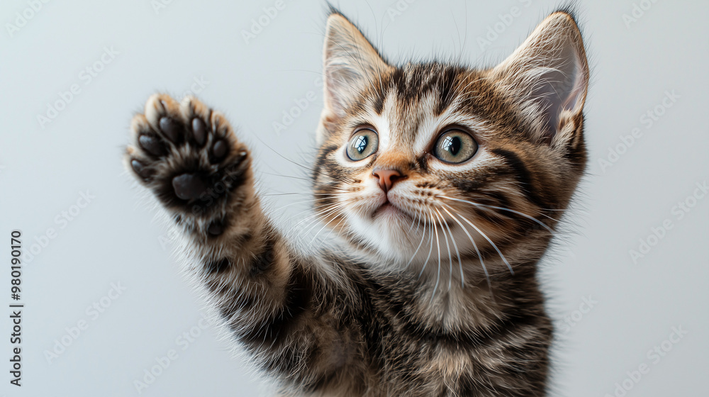 A kitten sitting and extending one paw forward isolated on a simple background A kitten sitting and extending one paw forward isolated on a simple background