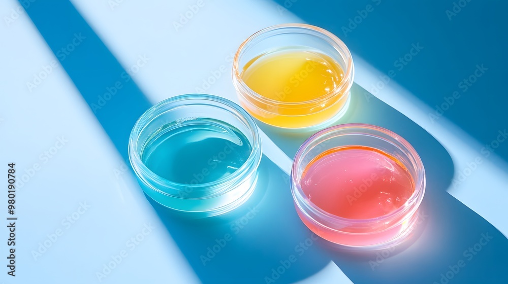Three Glass Containers with Colorful Liquids on a Blue Background Three Glass Containers with Colorful Liquids on a Blue Background