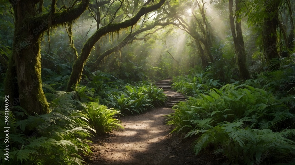 Naklejka premium Landscape illustration of a serene forest scene with a winding dirt path