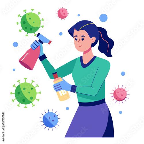 Woman fighting germs using disinfectant spray for cleanliness and hygiene in modern home environment.