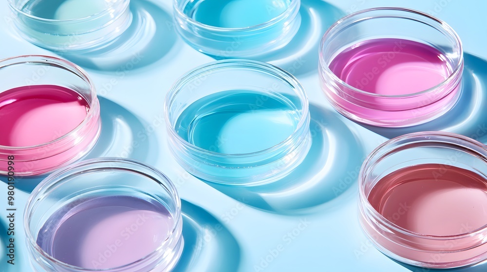 Glass Petri Dishes with Colored Liquids on a Blue Background Glass Petri Dishes with Colored Liquids on a Blue Background