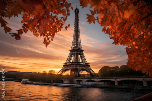 Splendid Twilight View of the Eiffel Tower Dominating the Picturesque Parisian Cityscape during Autumn