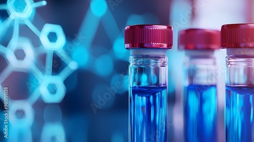 Three Glass Vials Filled with Blue Liquid Against a Blurred Hexagon Background photo