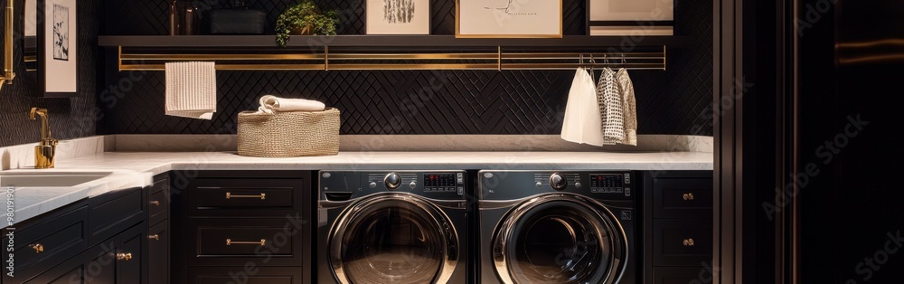 A modern laundry room featuring sleek appliances and stylish decor. A modern laundry room featuring sleek appliances and stylish decor.
