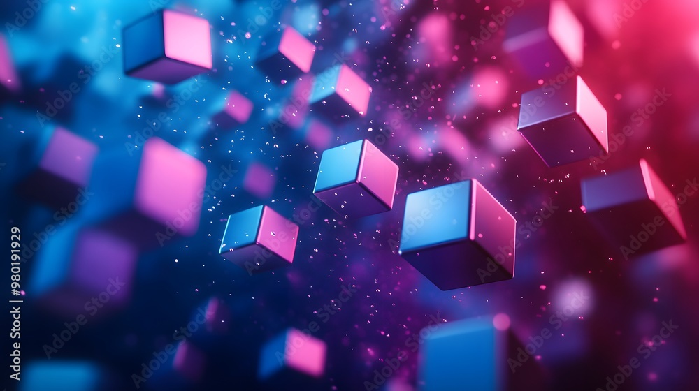 Abstract floating neon cubes in a dynamic, digital environment, blending vibrant blue and pink tones, symbolizing technology and innovation. Abstract floating neon cubes in a dynamic, digital environment, blending vibrant blue and pink tones, symbolizing technology and innovation.
