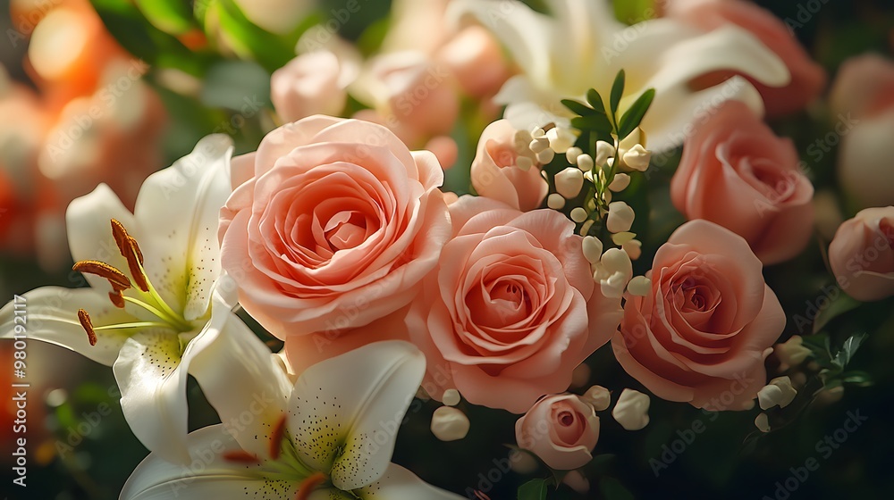 Fototapeta premium A close-up view of a bouquet featuring soft pink roses, white lilies, and delicate greenery in natural light.