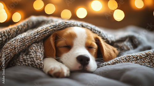 A puppy sleeping under a co...