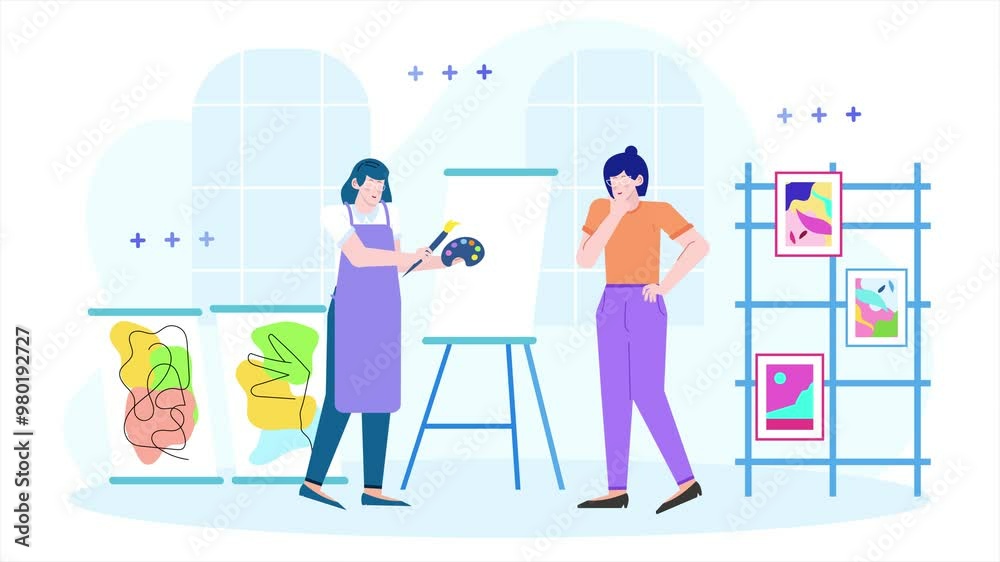 A digital illustration depicting an artist painting on a canvas in a modern studio animated video A digital illustration depicting an artist painting on a canvas in a modern studio animated video