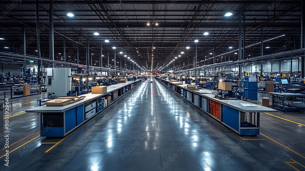 A well-lit assembly line with adjustable task lighting focused on precise workstations. A well-lit assembly line with adjustable task lighting focused on precise workstations.