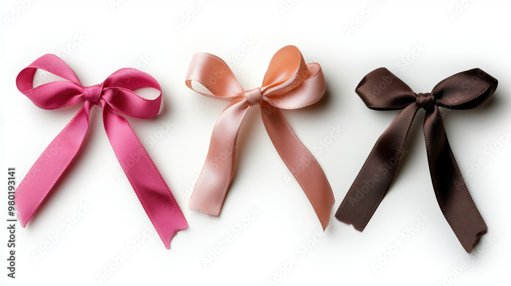 Colorful satin ribbon bows in pink, peach, and brown on white background