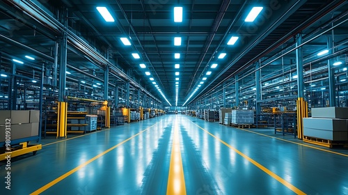 Ceiling-mounted fluorescent lighting providing even brightness across a factory production floor. photo