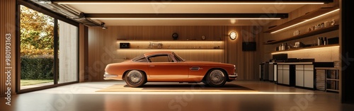 A stylish vintage car displayed in a modern garage with sleek design and warm lighting.