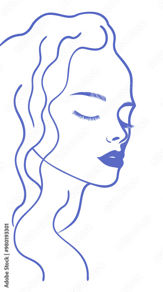 Elegant blue outline of woman's face with flowing hair profile line art Elegant blue outline of woman's face with flowing hair profile line art