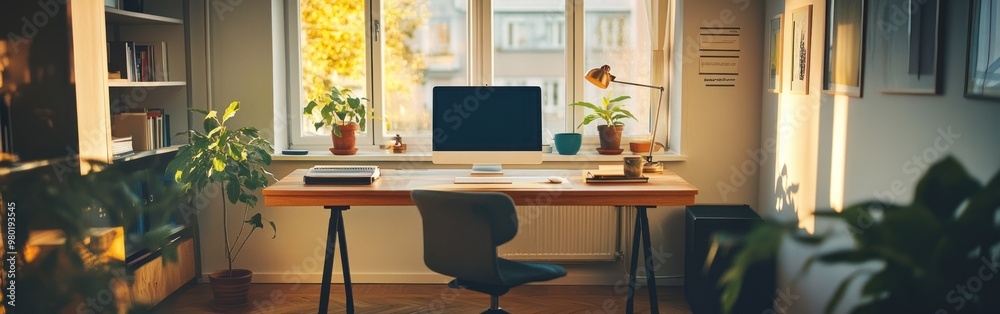 A cozy home office with a desk, computer, and plants, ideal for productivity and comfort. A cozy home office with a desk, computer, and plants, ideal for productivity and comfort.