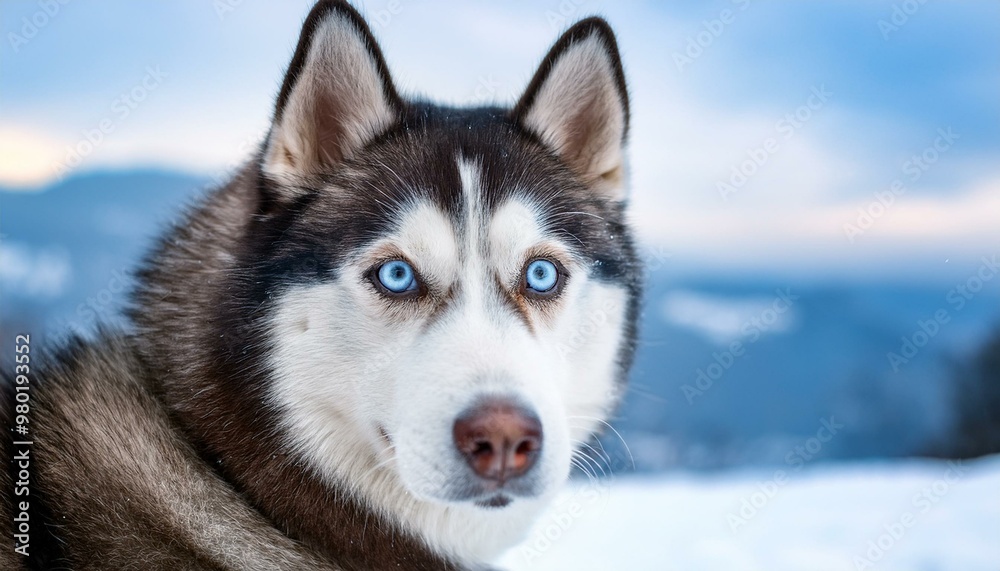 A Siberian Husky with striking blue eyes, gazing intently in a snowy landscape, embodying winter adventure and canine strength. A Siberian Husky with striking blue eyes, gazing intently in a snowy landscape, embodying winter adventure and canine strength.
