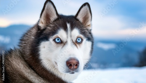 A Siberian Husky with striking blue eyes, gazing intently in a snowy landscape, embodying winter adventure and canine strength.