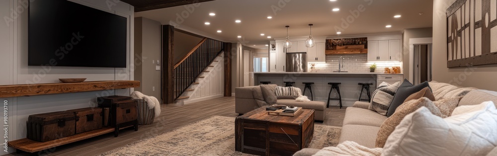 Modern living room with a cozy atmosphere and open kitchen design. Modern living room with a cozy atmosphere and open kitchen design.