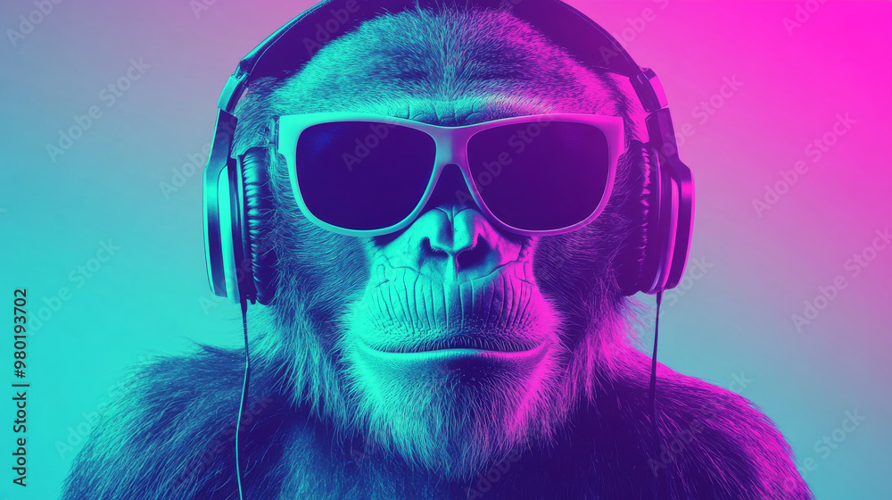 Cool monkey wearing headphones and sunglasses. Cool monkey wearing headphones and sunglasses.