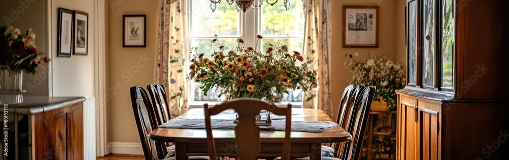 A cozy dining area featuring a wooden table, floral arrangements, and warm lighting. A cozy dining area featuring a wooden table, floral arrangements, and warm lighting.