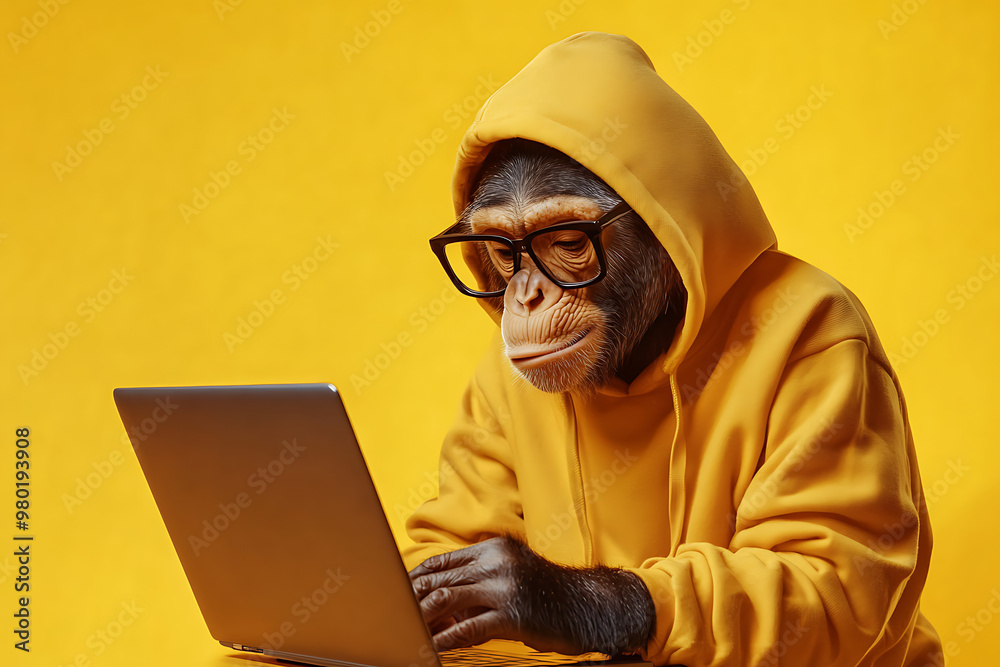 A monkey in a yellow hoodie and glasses uses a laptop against a bright yellow background. A monkey in a yellow hoodie and glasses uses a laptop against a bright yellow background.
