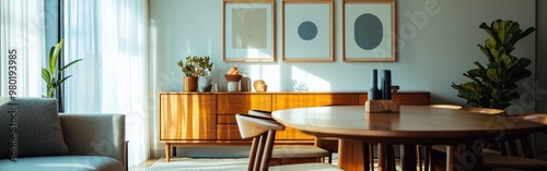 A modern dining area featuring wooden furniture, plants, and framed artwork. photo