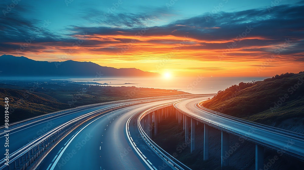 Photorealistic highway landscape under a vibrant sunrise Photorealistic highway landscape under a vibrant sunrise