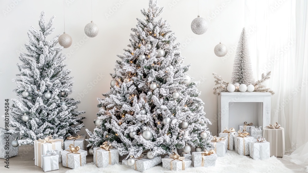 Festive winter scene with decorated Christmas trees. Festive winter scene with decorated Christmas trees.