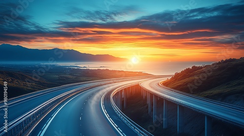 Photorealistic highway landscape under a vibrant sunrise photo