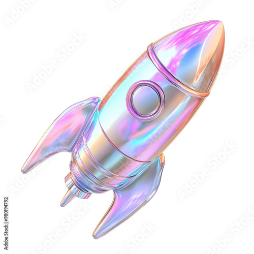 Futuristic iridescent rocket icon in 3d - trendy holographic design for technology and innovation themes
