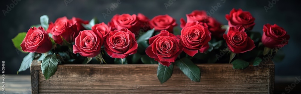 Ultra-realistic red roses in a wooden box with green leaves, shot from an oblique angle Ultra-realistic red roses in a wooden box with green leaves, shot from an oblique angle