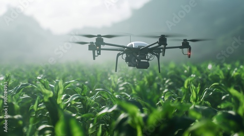 AI-controlled drone spraying crops in a smart farm, precision farming, agriculture technology. Futuristic food technology photo