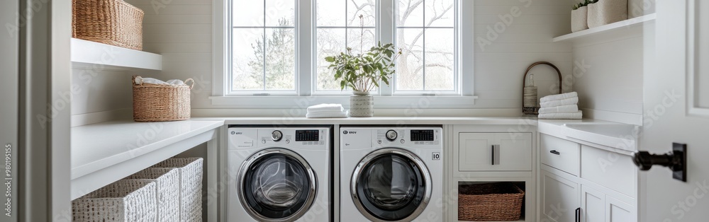Modern laundry room with appliances, storage, and natural light. Modern laundry room with appliances, storage, and natural light.