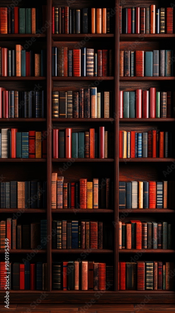 Rows of Colorful Books on Wooden Bookshelves Rows of Colorful Books on Wooden Bookshelves