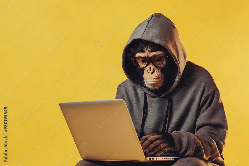 A monkey in a hoodie uses a laptop against a bright yellow background. A monkey in a hoodie uses a laptop against a bright yellow background.