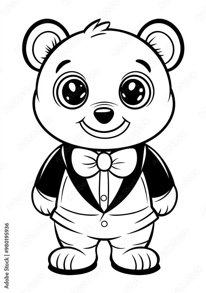 Obraz premium Coloring page for kids, a teddy bear dressed in a tuxedo with a cute smile and big eyes,