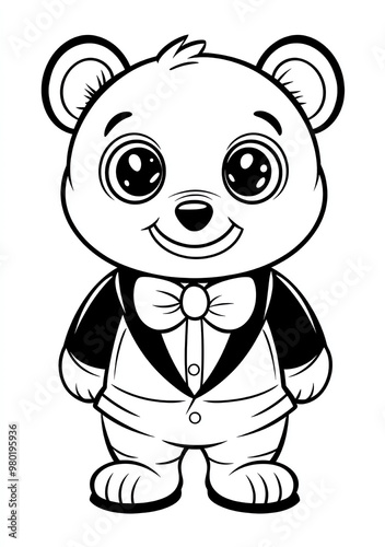  Coloring page for kids, a teddy bear dressed in a tuxedo with a cute smile and big eyes,