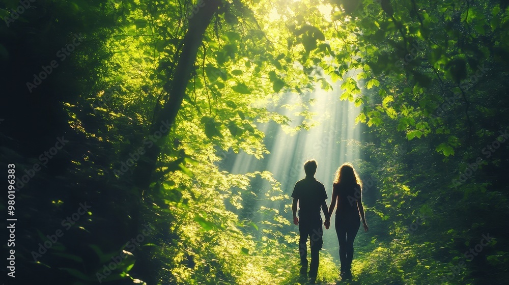 Couple Walking Through Sunlit Forest