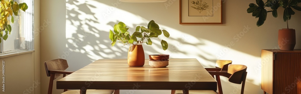 A serene dining area with a wooden table, plants, and soft sunlight creating a calming atmosphere. A serene dining area with a wooden table, plants, and soft sunlight creating a calming atmosphere.