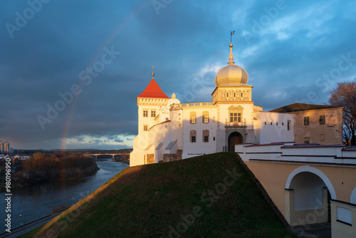 View of the Grodno Old Castle (Grodno Upper Castle) on the banks of the Neman River on a sunny day, Grodno, Belarus