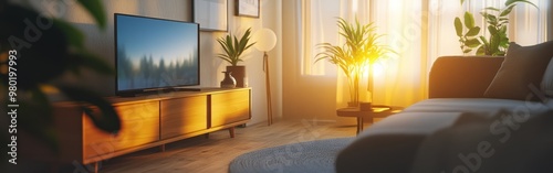Cozy living room with plants, a TV, and warm sunlight streaming through the curtains.