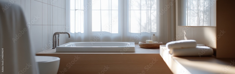 Fototapeta premium A serene bathroom with a bathtub, natural light, and soft textiles for relaxation.
