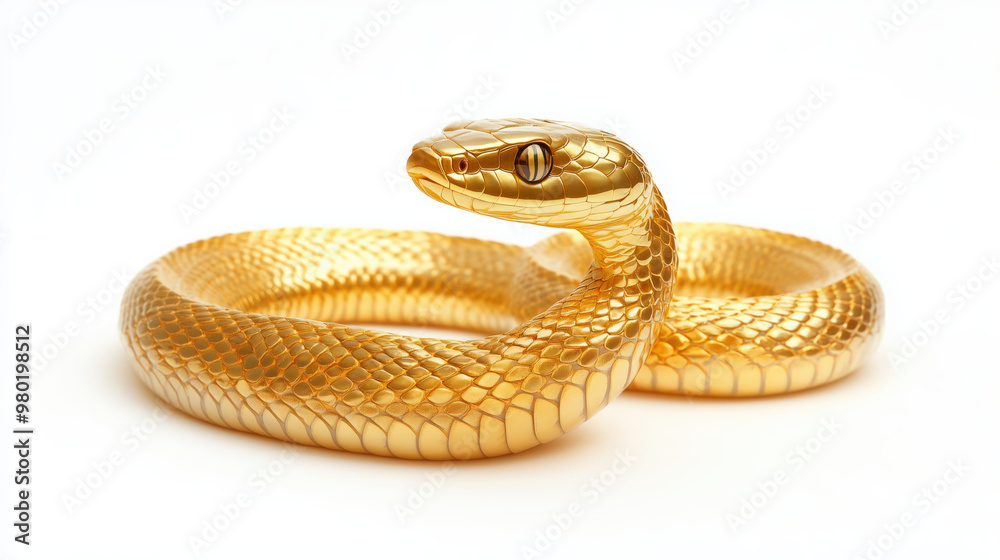 Fototapeta premium Realistic golden snake sculpture on white background