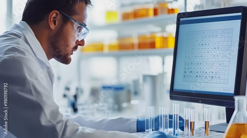 Scientist in a Lab Coat Analyzing Samples and a Computer Screen