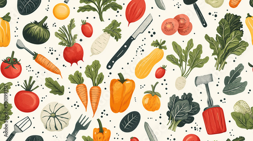 Garden Tools and Vegetables: A practical pattern showcasing garden tools and various vegetables, repeating in a neat arrangement. The tools and veggies are detailed, reflecting a l