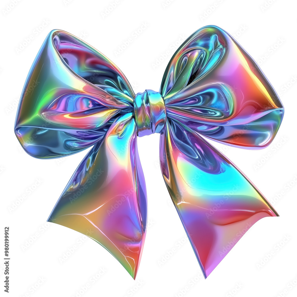 Vibrant iridescent bow with holographic colors and glossy texture on transparent background