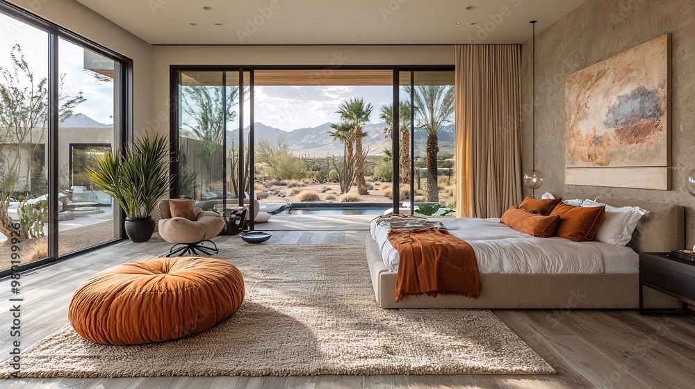 Fototapeta premium Show a modern desert oasis bedroom with natural textures and wide windows framing the expansive dunes