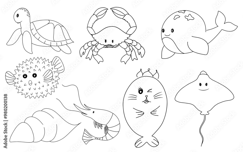 Fototapeta premium Hand Drawing line art of underwater life with Crab, whale, puffer fish, shrimp, shellfish, stingray, seals, turtle